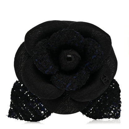 Chanel Tweed Fabric Camellia Pin Brooch Navy Blue Black 1 of 3