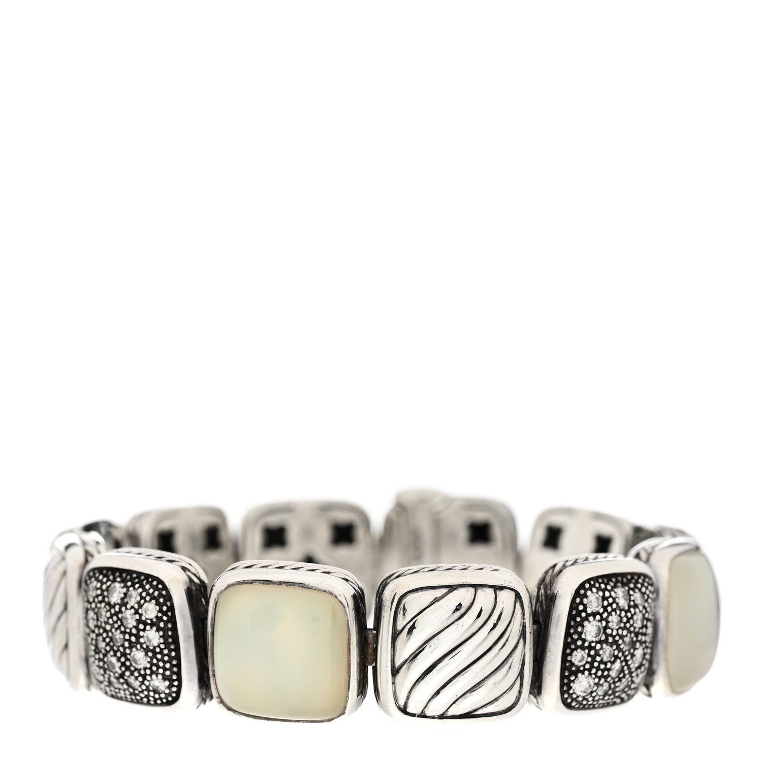David Yurman Sterling Silver Diamond Quartz Mother of Pearl Chiclet One Row Bracelet 1 of 3