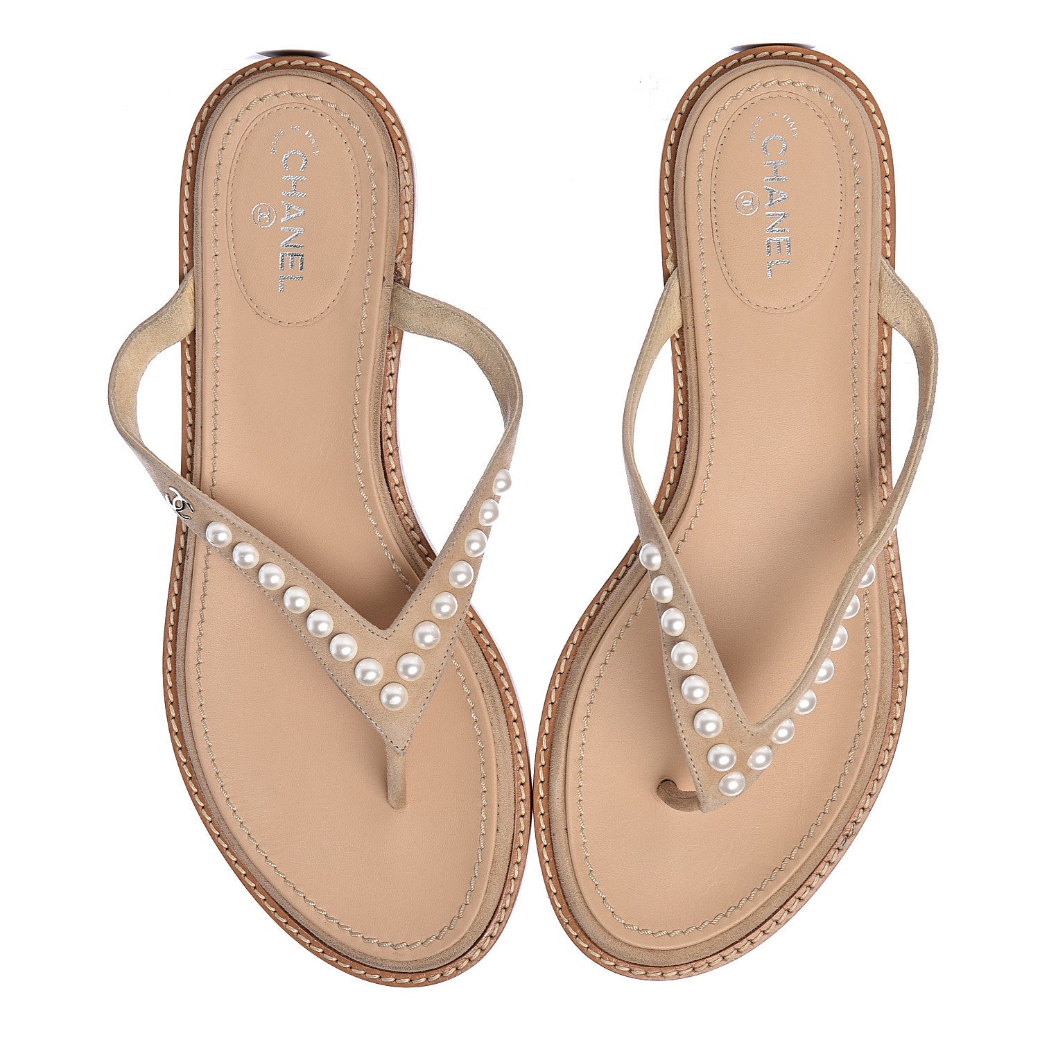 Chanel Suede Pearl Thong Sandals 39 Beige 8 of 19