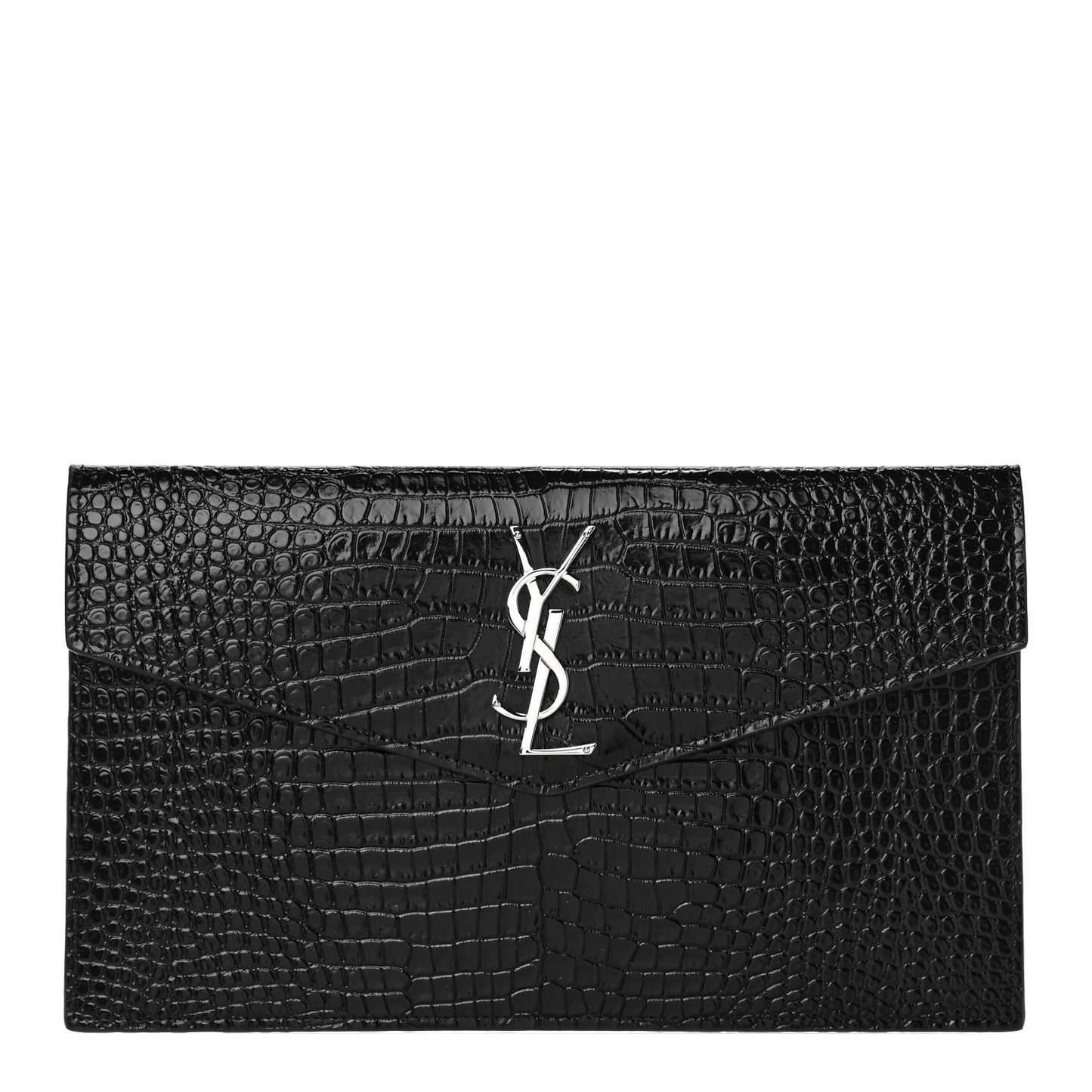 Calfskin Crocodile Embossed Uptown Monogram Clutch Black