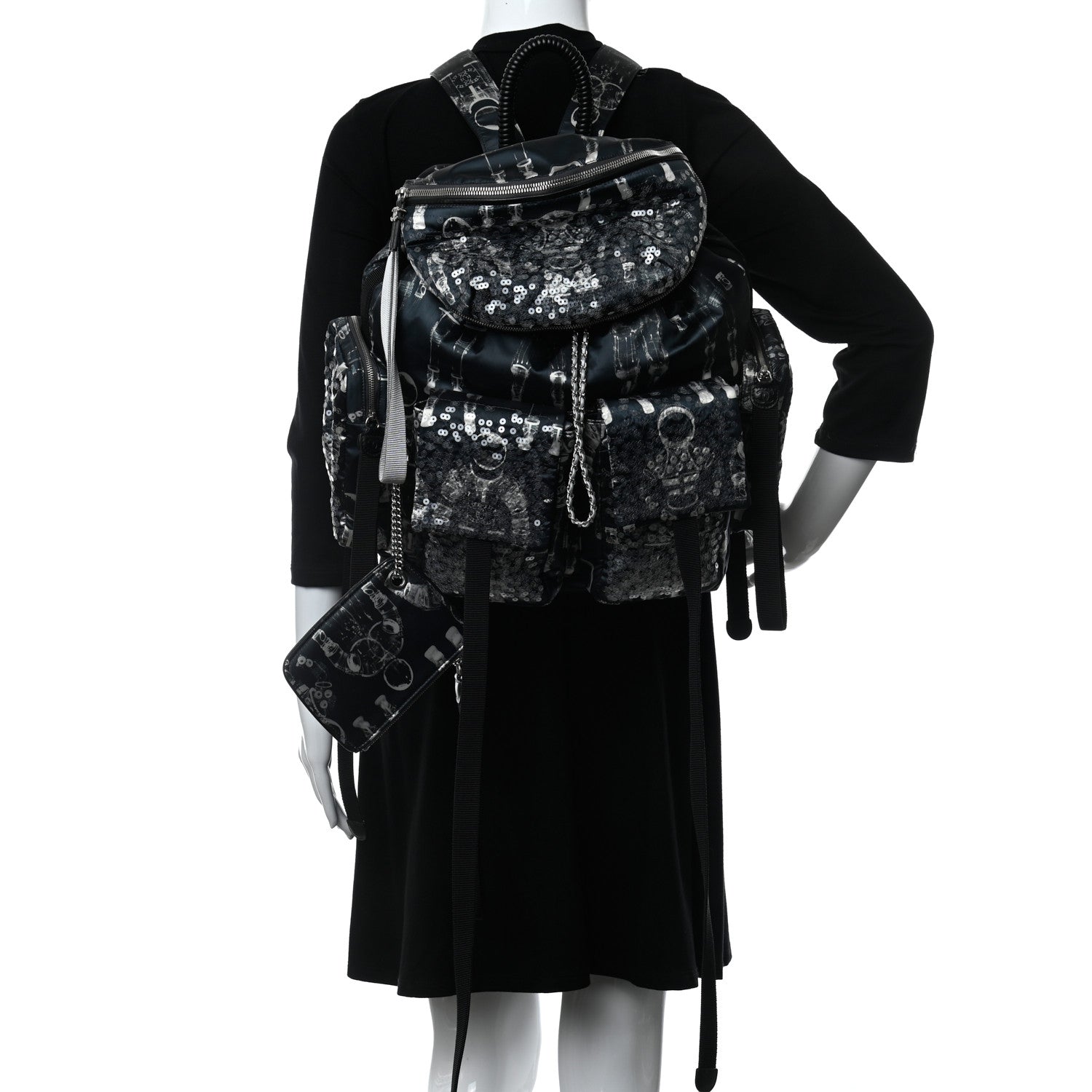 Chanel Sequin Nylon Lambskin Astronaut Essentials Backpack Black White 2 of 9