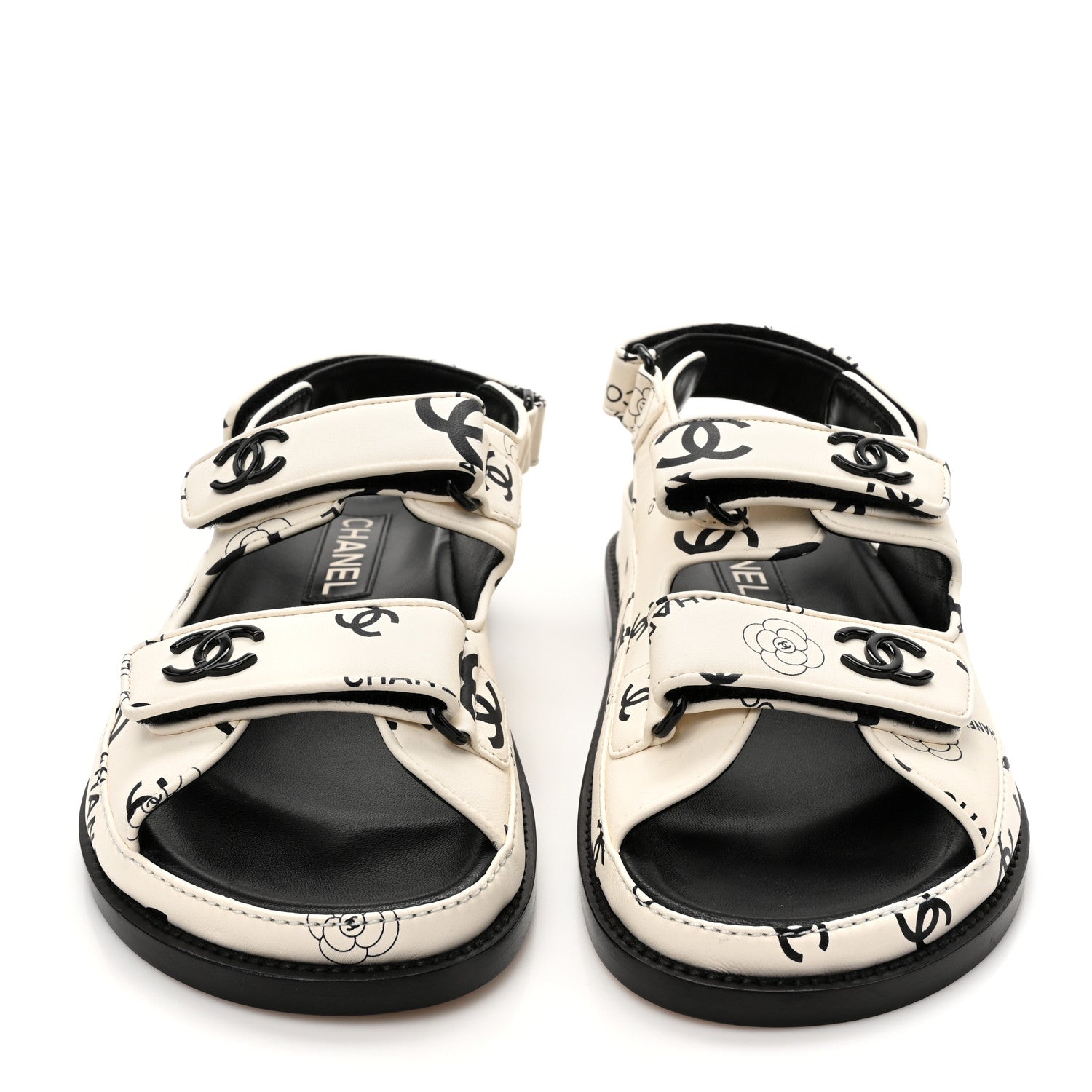 Chanel Lambskin Printed CC Velcro Dad Sandals 37 White Black 3 of 9