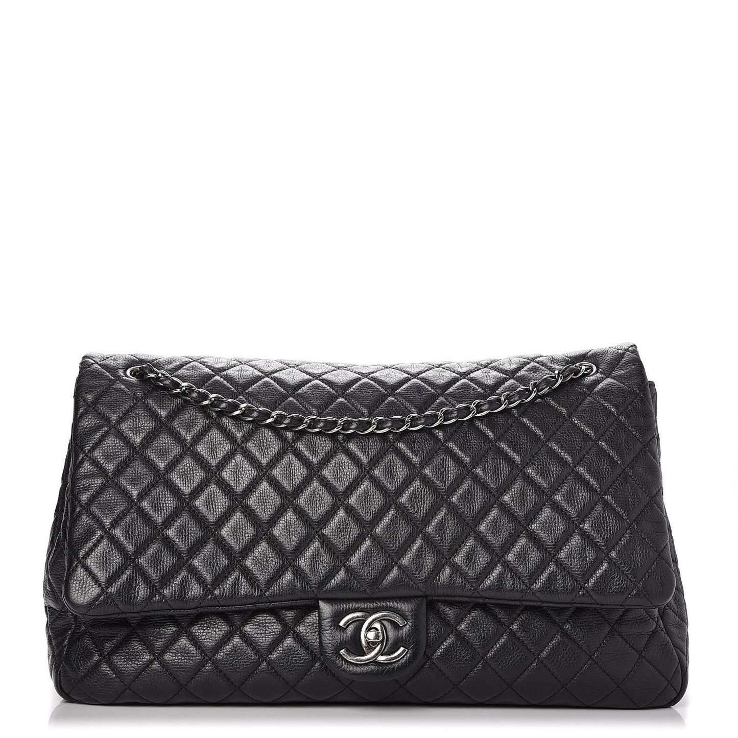 Calfskin Quilted XXL Travel Flap Bag Black