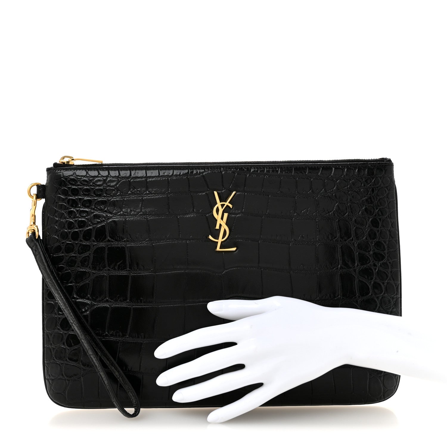 Saint Laurent Calfskin Crocodile Embossed Tablet Pouch Black 2 of 9