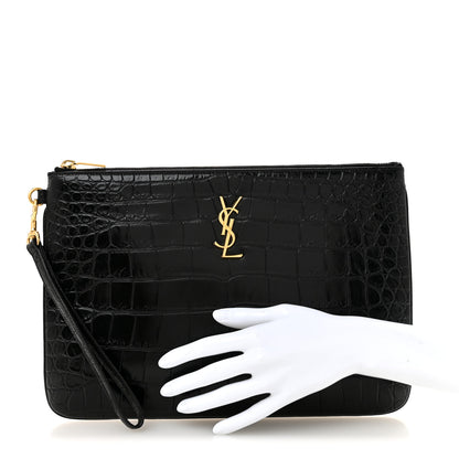 Saint Laurent Calfskin Crocodile Embossed Tablet Pouch Black 2 of 9