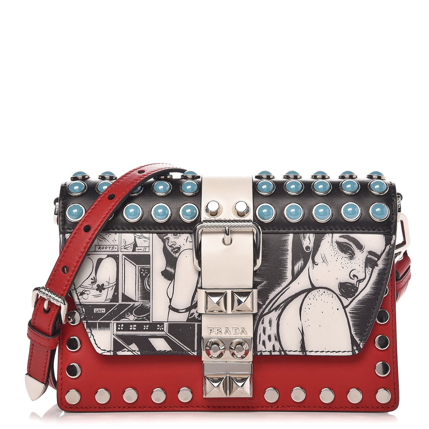 City Calfskin Comic Print Studded Elektra Shoulder Bag Fuoco Black