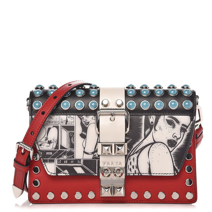 Prada City Calfskin Comic Print Studded Elektra Shoulder Bag Fuoco Black 1 of 6