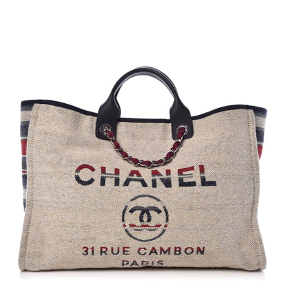 Chanel Striped Canvas Large Deauville Tote Beige 1 of 8