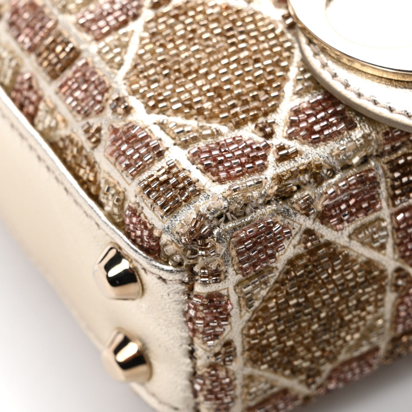 Metallic Lambskin Cannage Beaded Embroidered Micro Lady Dior Gold