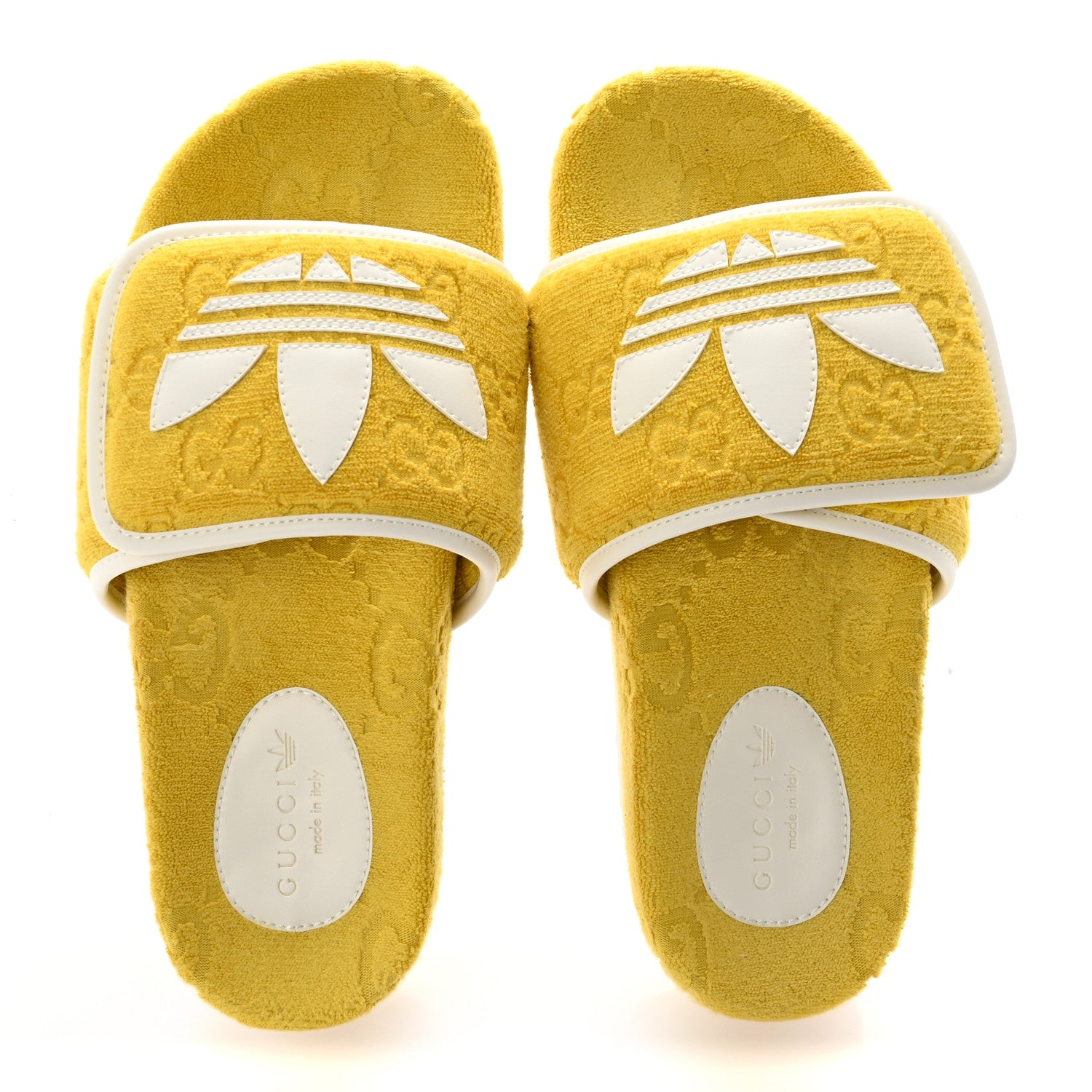 Gucci X ADIDAS Magic Sponge Terry Cloth Trefoil GG Monogram Womens Platform Sandals 39 Smile Yellow Off White 2 of 8