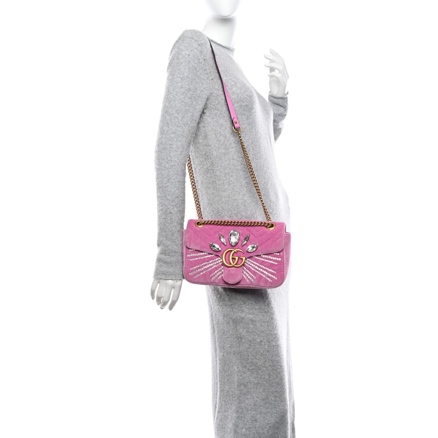 Gucci Velvet Matelasse Marquise Crystals Embroidered Small GG Marmont Shoulder Bag Malva 2 of 10
