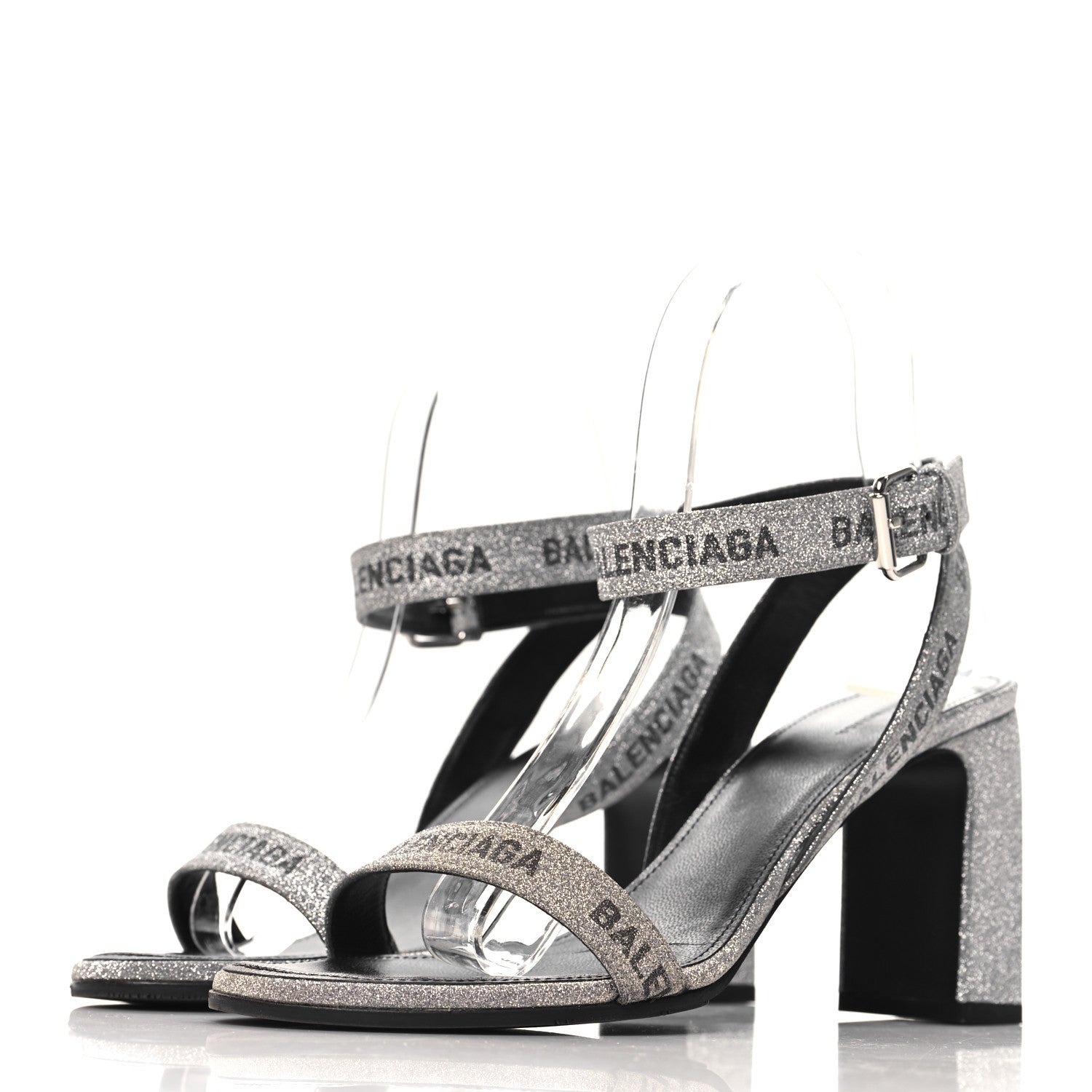 Balenciaga Glitter Allover Logo Ankle Strap Round Heel 80mm Sandals 38 Silver Black 4 of 9