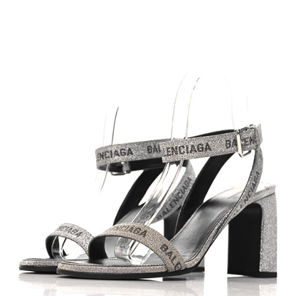 Balenciaga Glitter Allover Logo Ankle Strap Round Heel 80mm Sandals 38 Silver Black 4 of 9