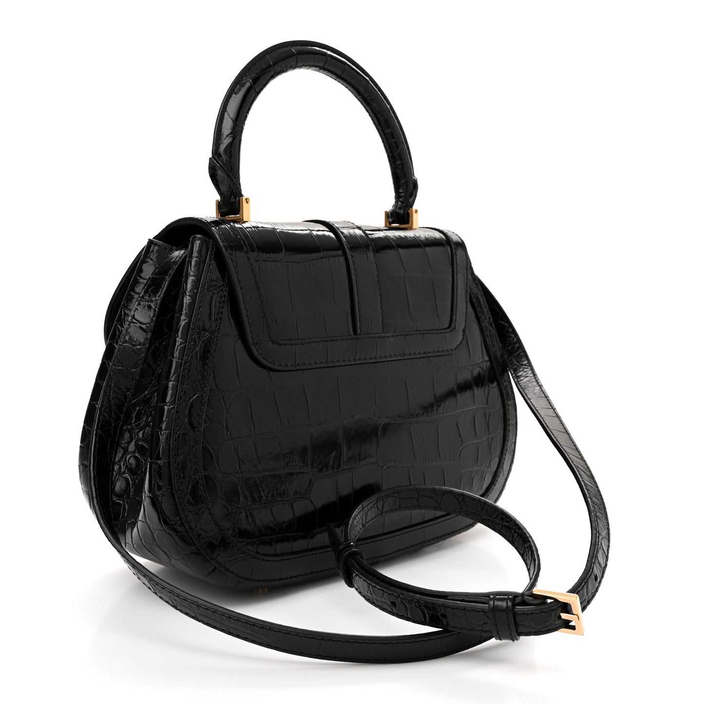 Calfskin Crocodile Embossed Greca Goddess Top Handle Bag Black