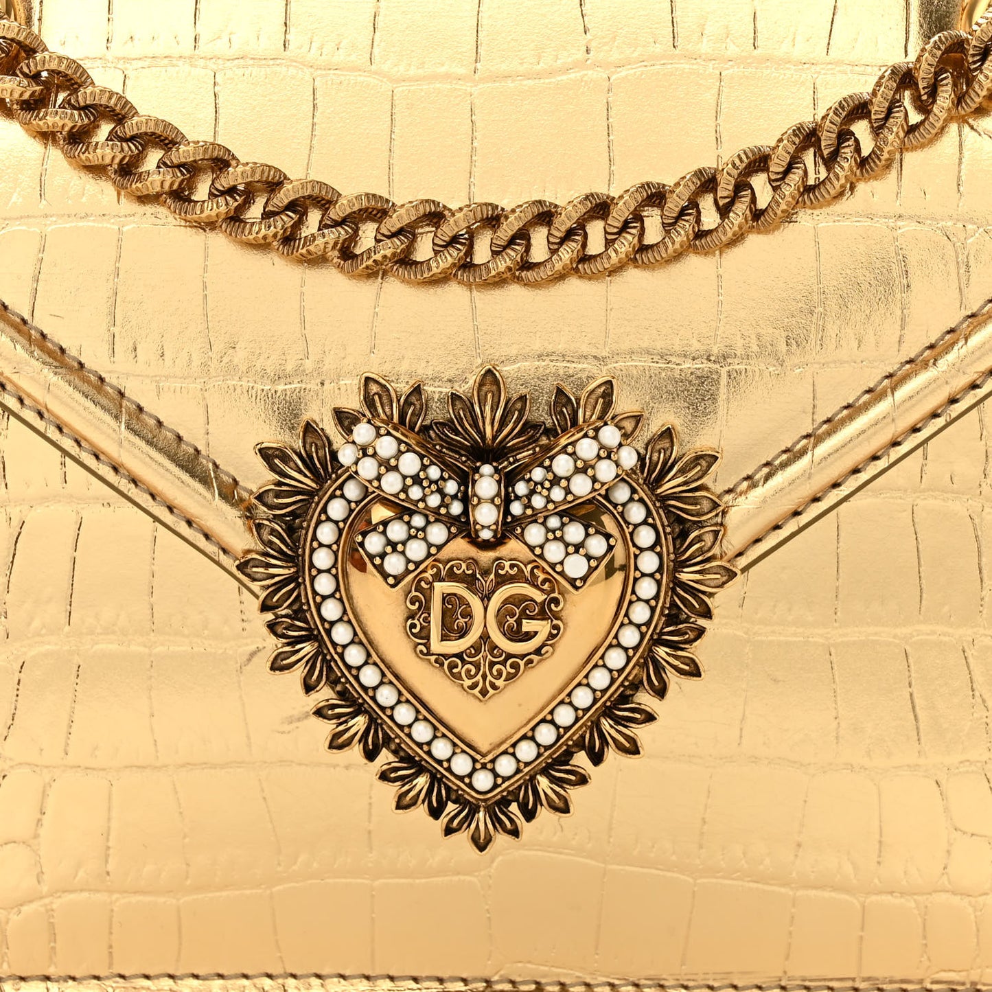 Metallic Calfskin Crocodile Embossed Mini Devotion Envelope Bag Gold