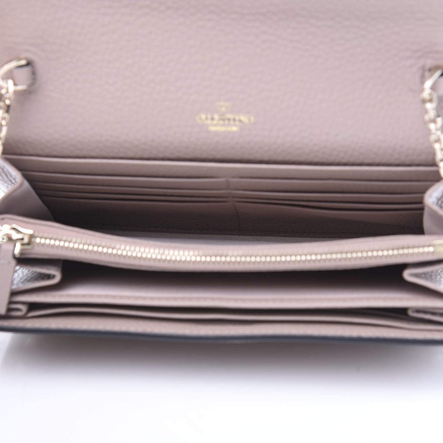 Pebbled Calfskin Rockstud Envelope Wallet on Chain Poudre