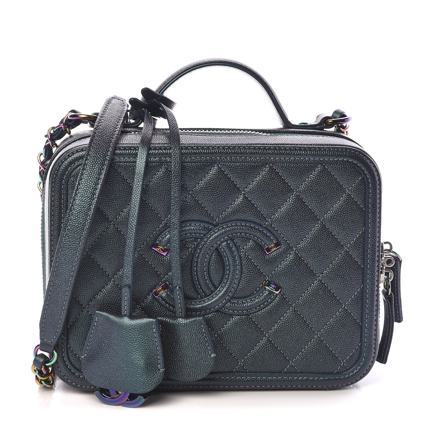 Iridescent Caviar Quilted Medium CC Filigree Vanity Case Dark Turquoise