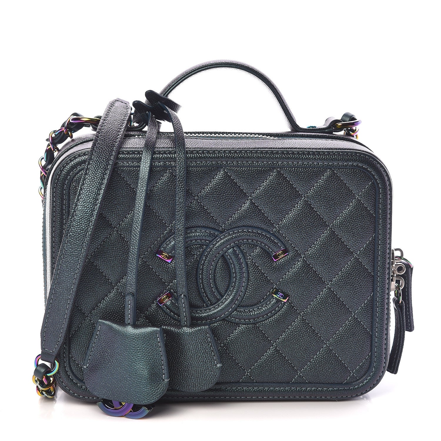 Chanel Iridescent Caviar Quilted Medium CC Filigree Vanity Case Dark Turquoise 1 of 11