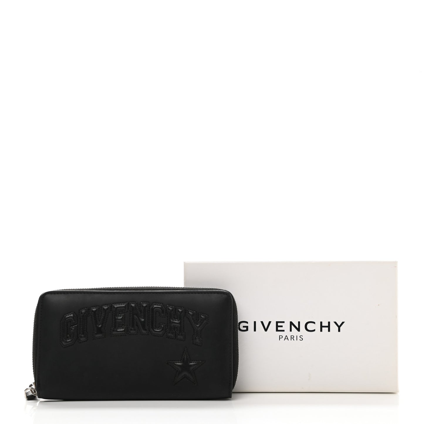 Calfskin Logo Star Embossed Zip Around Wallet Black