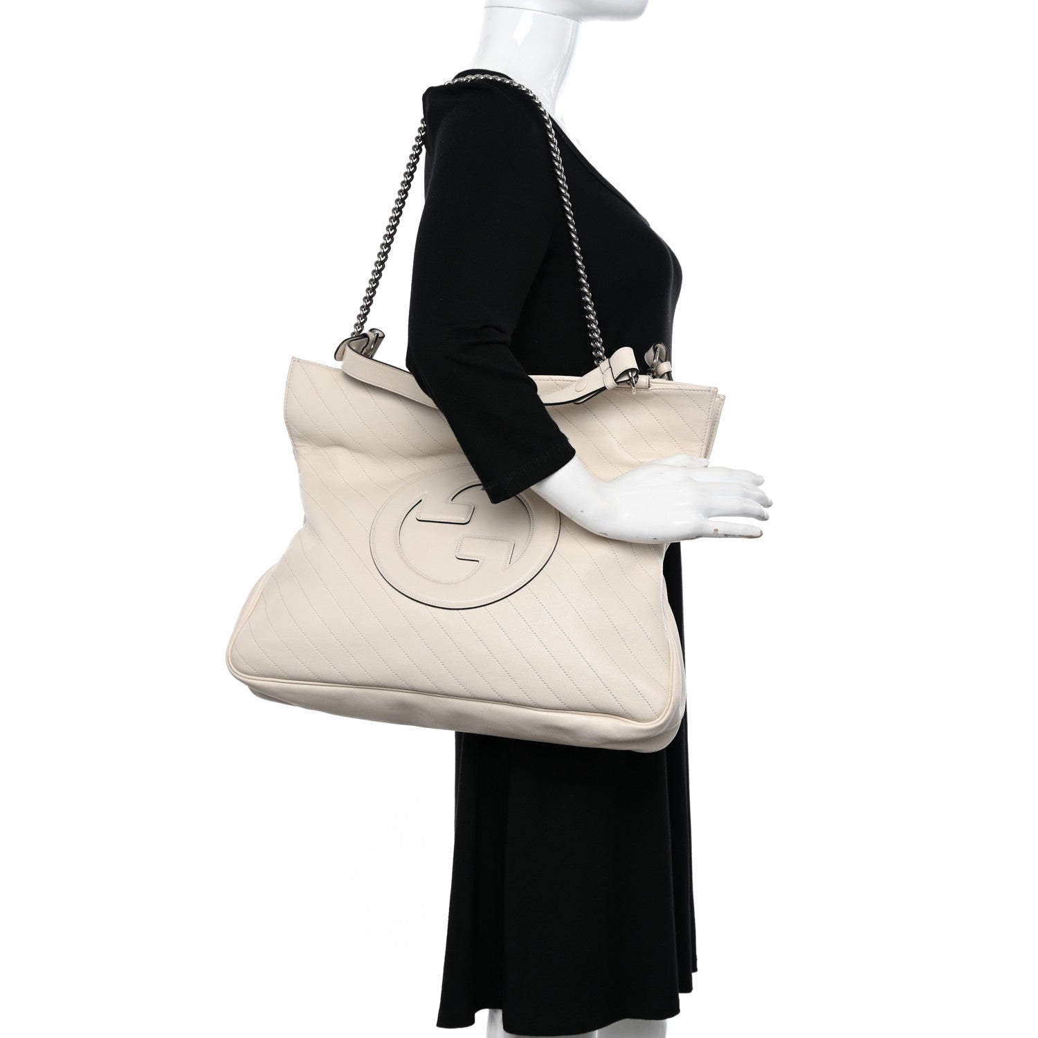 Gucci Sakai Be Green Calfskin Diagonal Stitched Medium Blondie Tote Mystic White 2 of 15