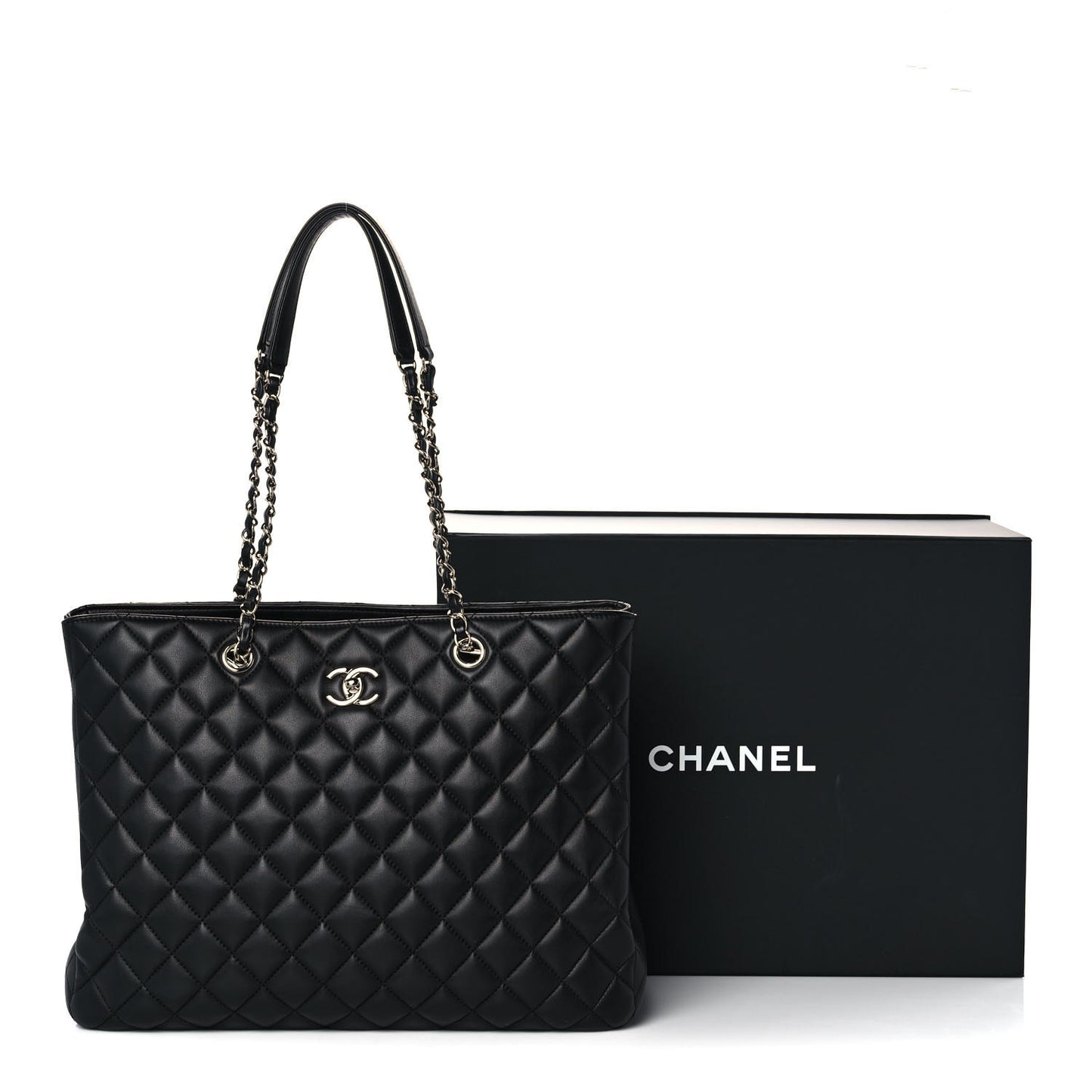 Calfskin Quilted Large Classic Shopping Tote Black