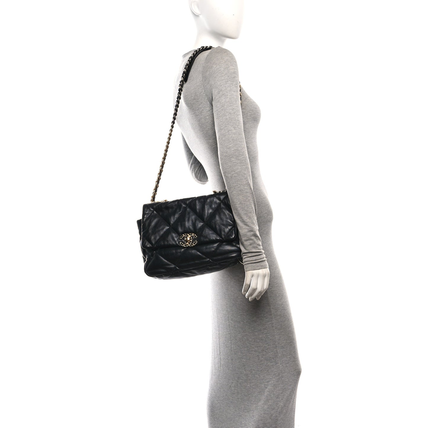 Lambskin Quilted Large Chanel 19 Flap Black Black