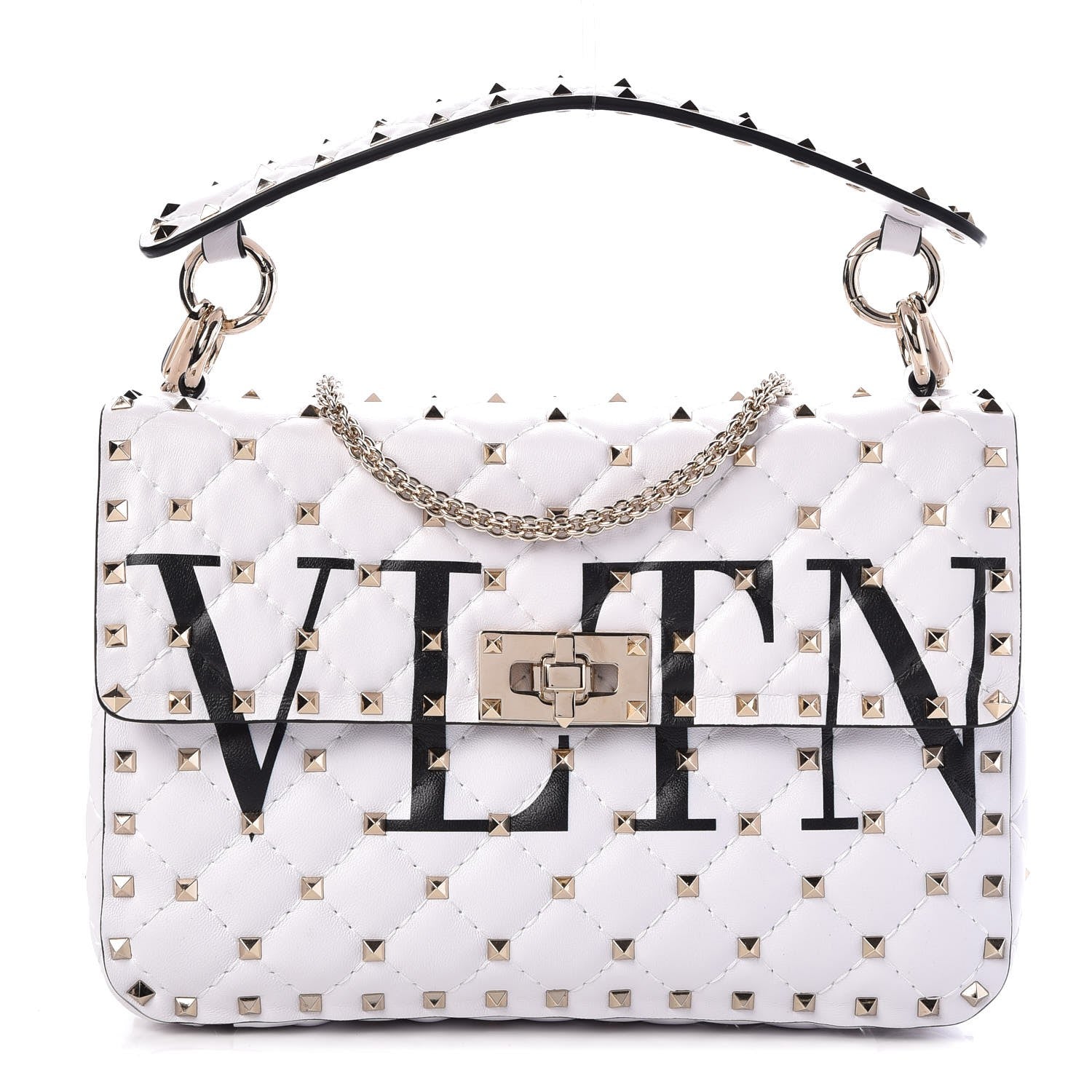 Valentino Garavani Lambskin VLTN Print Medium Rockstud Spike Shoulder Bag Optic White Black 1 of 7