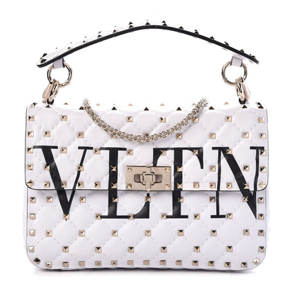 Valentino Garavani Lambskin VLTN Print Medium Rockstud Spike Shoulder Bag Optic White Black 1 of 7