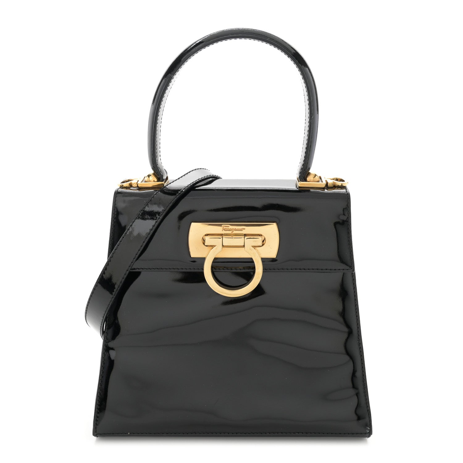 Salvatore Ferragamo Patent Small Iconic Top Handle Bag Black 1 of 12