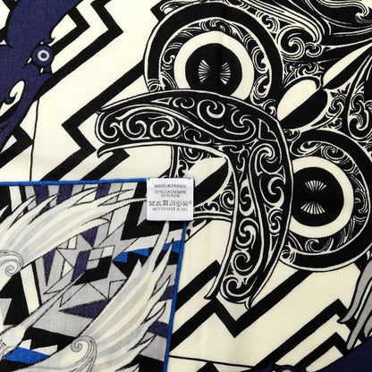 Hermes Cashmere Silk Kawa Ora Shawl 140 Marine Blanc Bleu Electrique 5 of 5