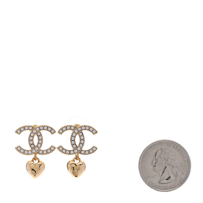 Chanel Metal Crystal CC Heart Drop Earrings Gold 2 of 5