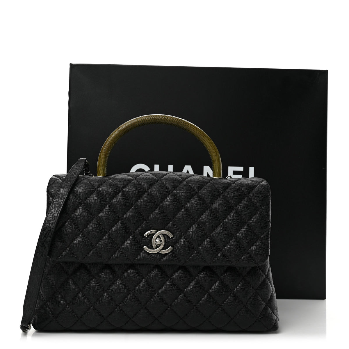 Caviar Lizard Quilted Medium Coco Handle Flap Black Khaki