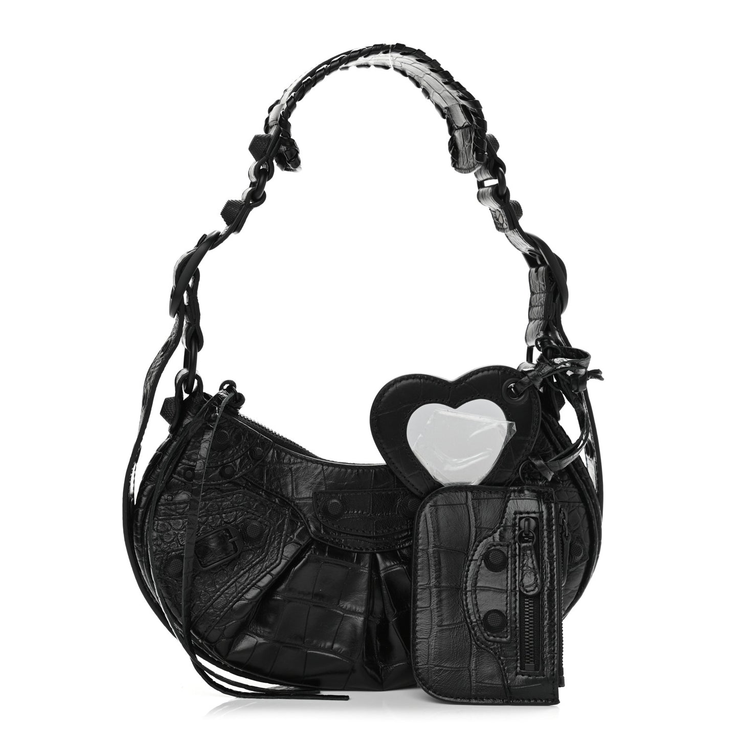 Extra Supple Calfskin Crocodile Embossed Monochrome Le Cagole Shoulder Bag XS Black