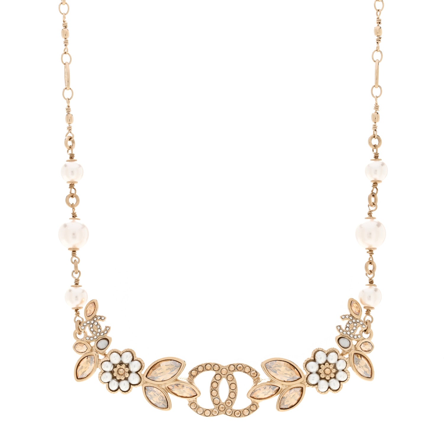 Chanel Pearl Crystal CC Flower Cluster Necklace Gold Light Brown Pearly White 1 of 4