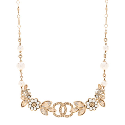 Chanel Pearl Crystal CC Flower Cluster Necklace Gold Light Brown Pearly White 1 of 4