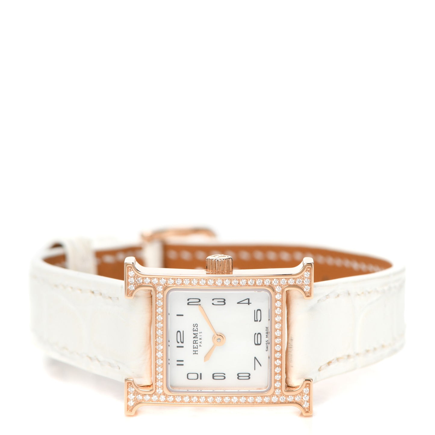 18K Rose Gold Alligator Diamond Bezel Mother of Pearl 17.2mm Heure H Hour Quartz Watch Blanc