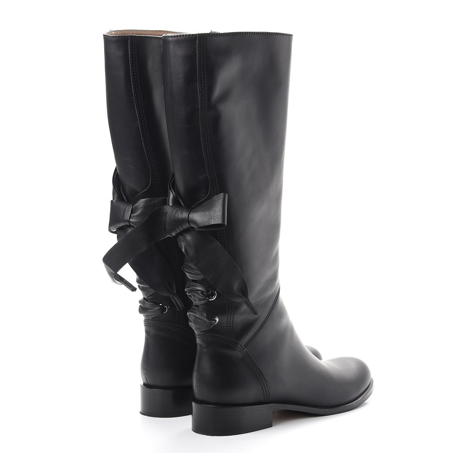 Valentino Garavani Calfskin Bow Lace Up Back Knee High Tall Boots 38.5 Black 4 of 24