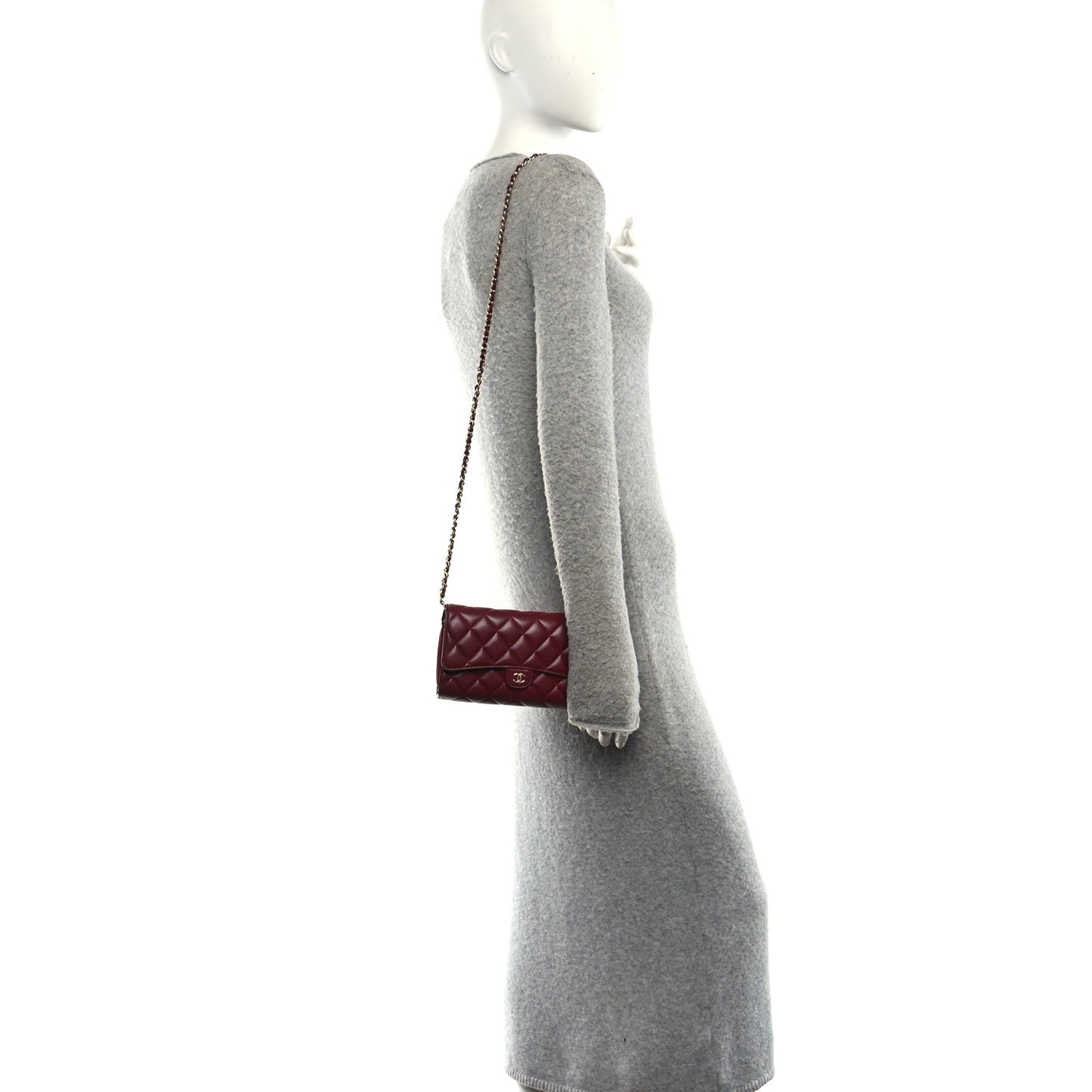 Lambskin Quilted Phone Holder Wallet on Removable Chain Burgundy