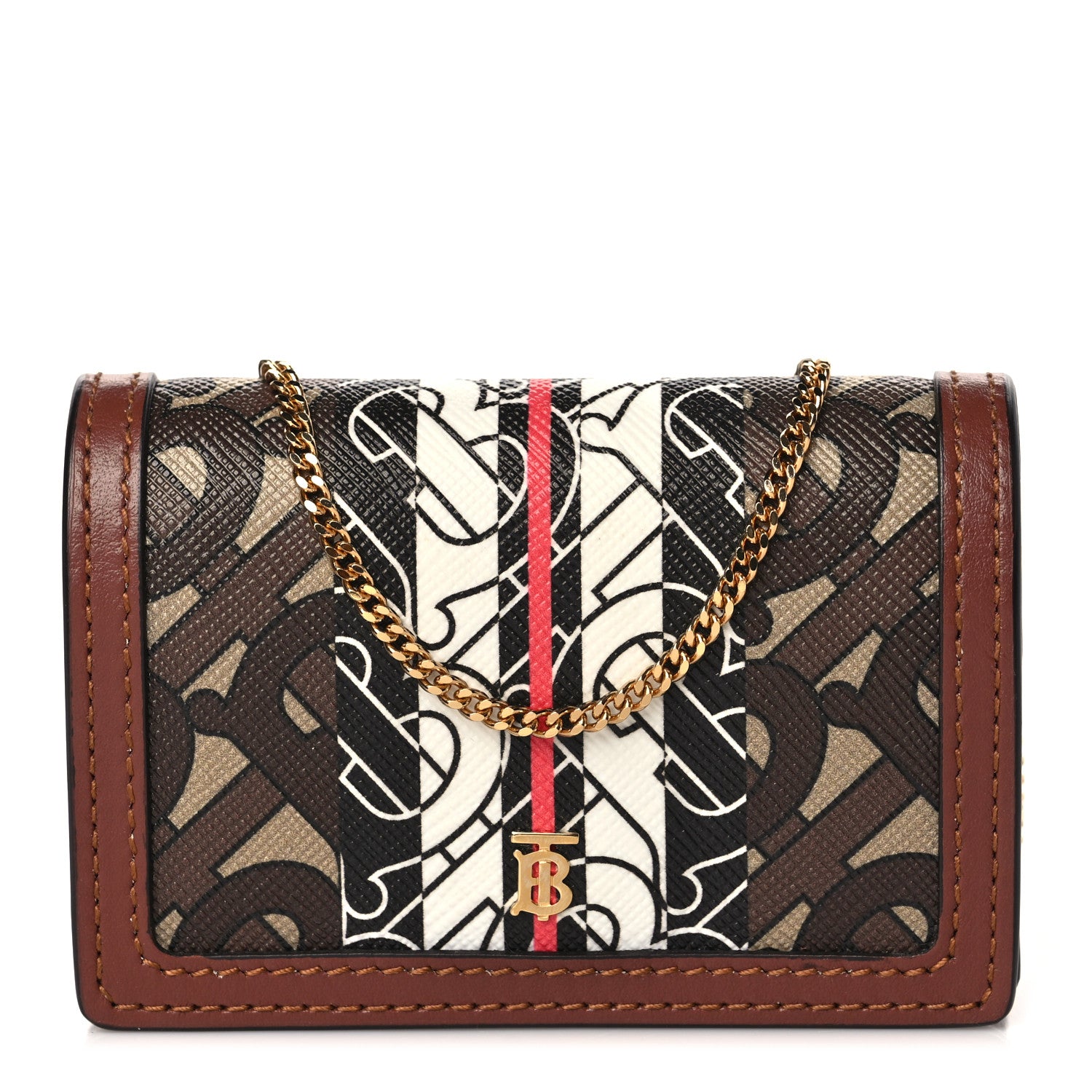 Burberry E-Canvas Monogram Stripe Jessie Chain Card Case Bridle Brown 1 of 8