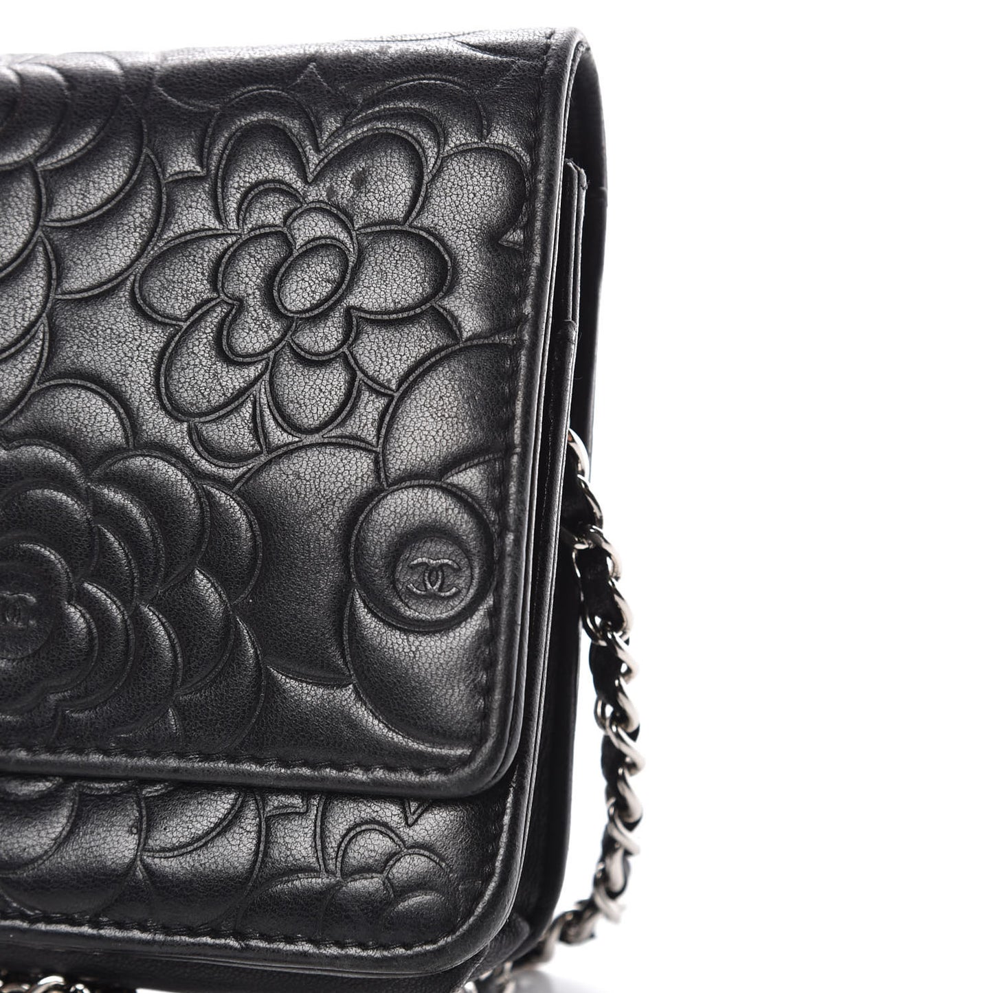 Lambskin Camellia Embossed Wallet on Chain WOC Black