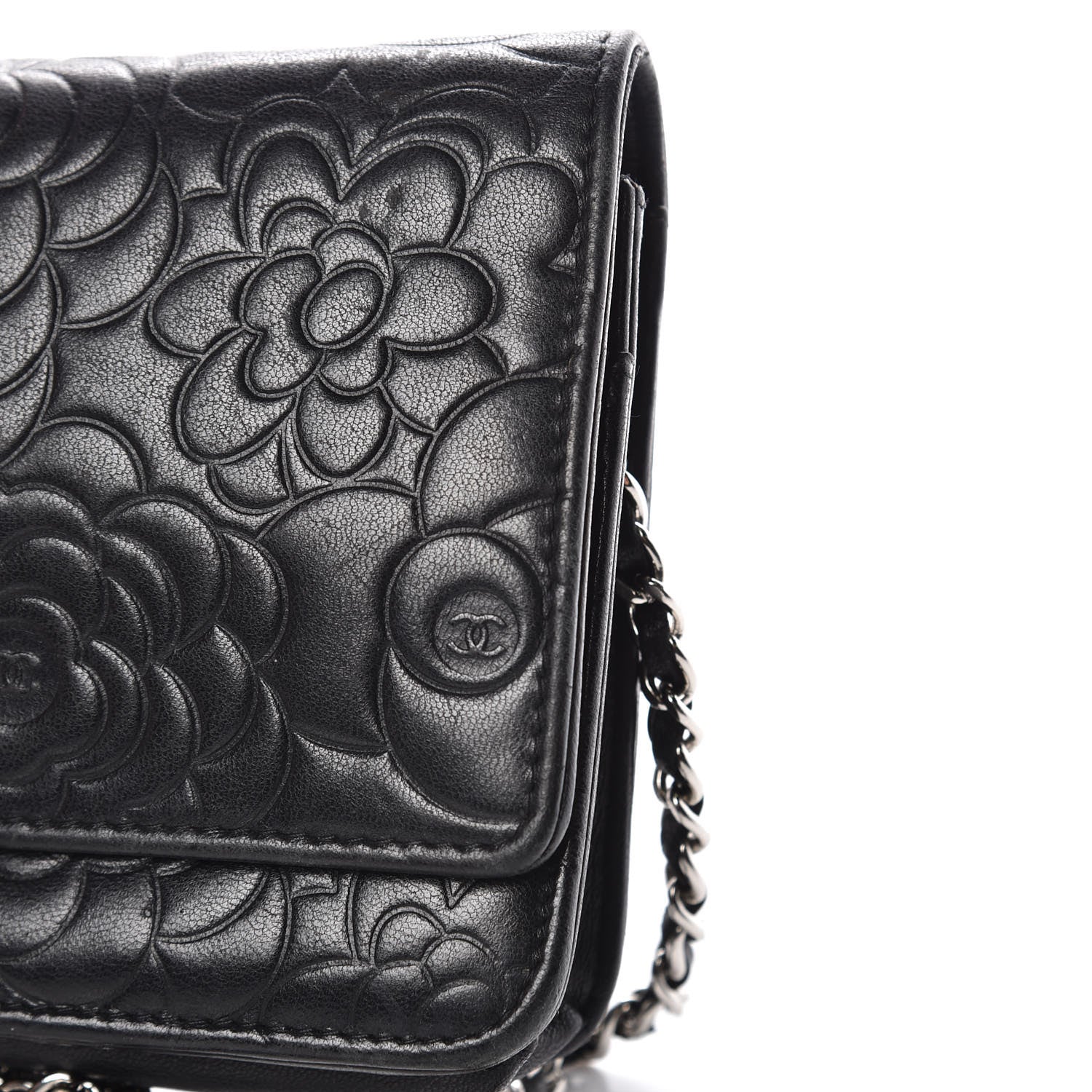 Chanel Lambskin Camellia Embossed Wallet on Chain WOC Black 10 of 16