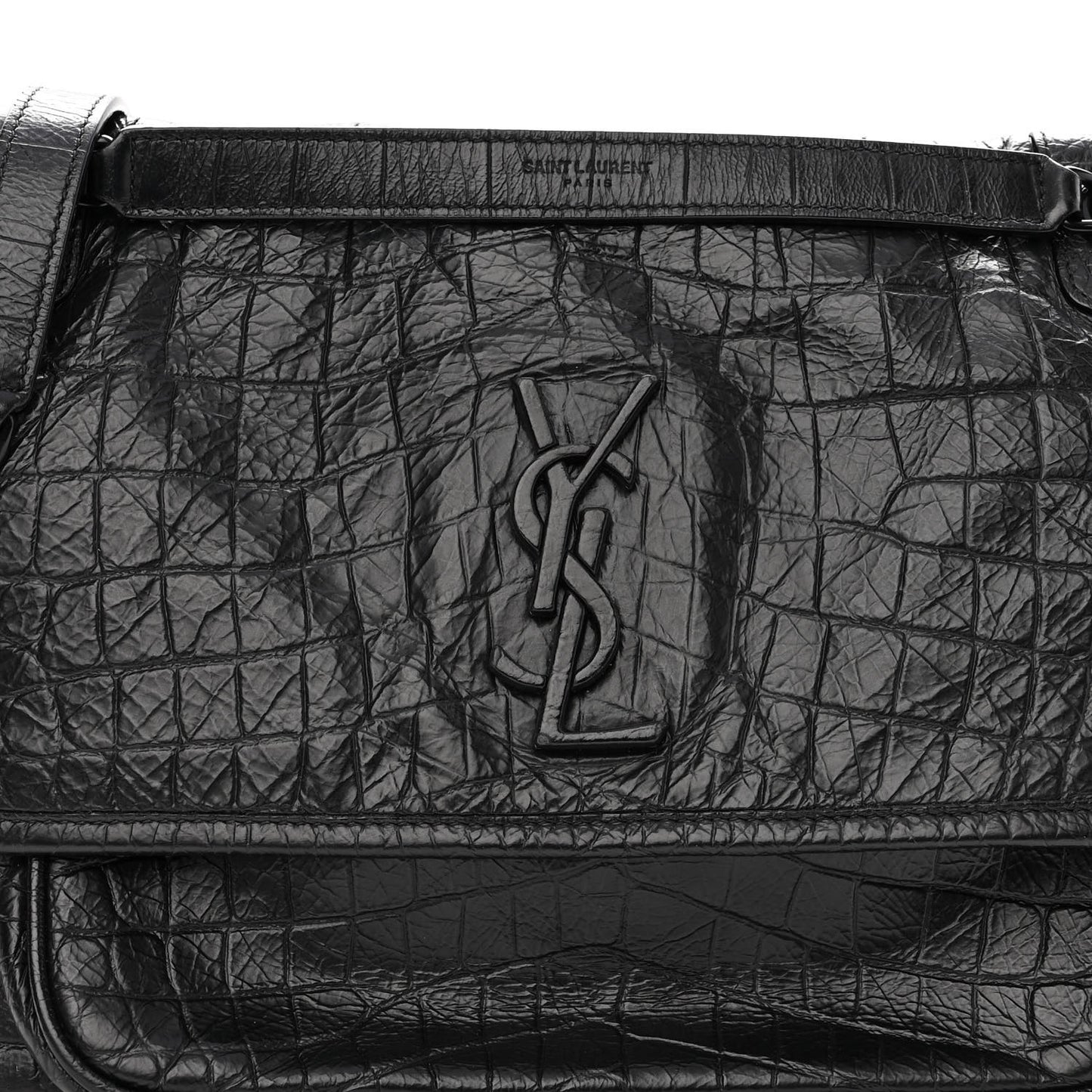 Crocodile Embossed Lambskin Monogram Medium Niki Chain Satchel Black