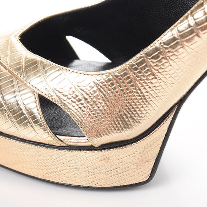 Saint Laurent Metallic Lizard Calfskin Embossed Janis 105 Escarpin Cut Out Pump 38.5 Pale Gold 10 of 13