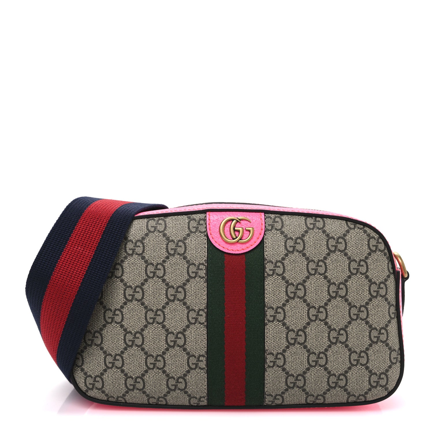Gucci GG Supreme Monogram Textured Dollar Calfskin Web Ophidia Small Crossbody Bag Beige Ebony Fuchsia 1 of 10
