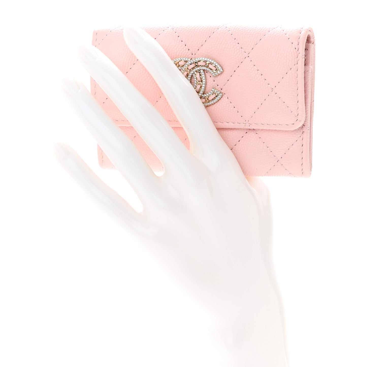 Caviar Quilted Crystal CC Flap Card Holder Pink