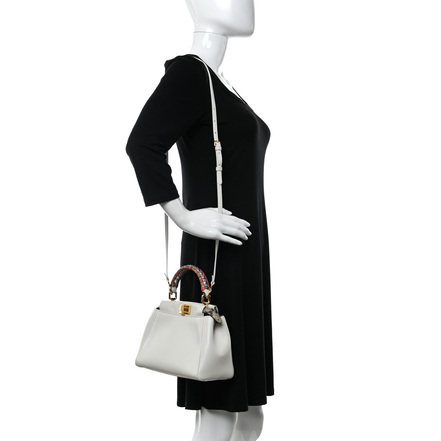 Fendi Nappa Elaphe Woven Handle Mini Peekaboo Iconic Satchel White Grigio Polvere 2 of 11