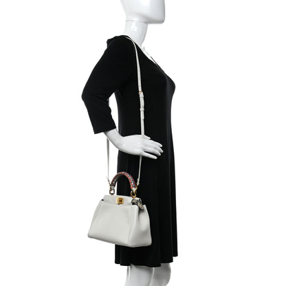 Fendi Nappa Elaphe Woven Handle Mini Peekaboo Iconic Satchel White Grigio Polvere 2 of 11