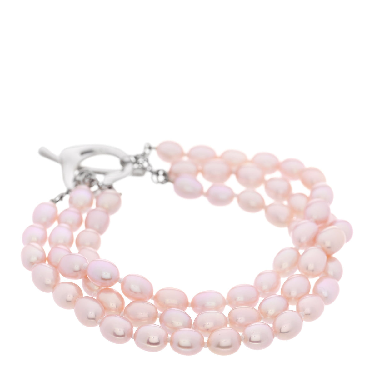 Sterling Silver Pink Cultured Pearl Elsa Peretti Three Strand Heart Toggle Bracelet