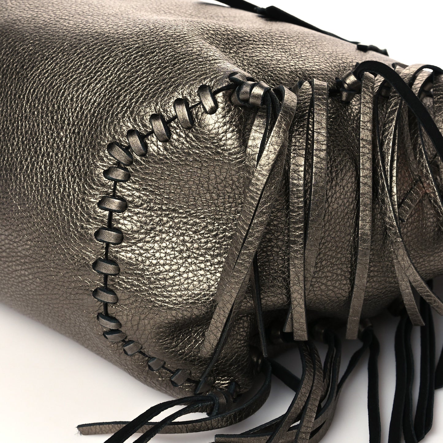 Metallic Grained Calfskin C-Rockee Fringe Tote Sasso