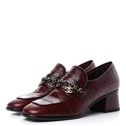 Chanel Crocodile Embossed Calfskin CC Chain Mocassin Loafers 39 Burgundy Black 3 of 11
